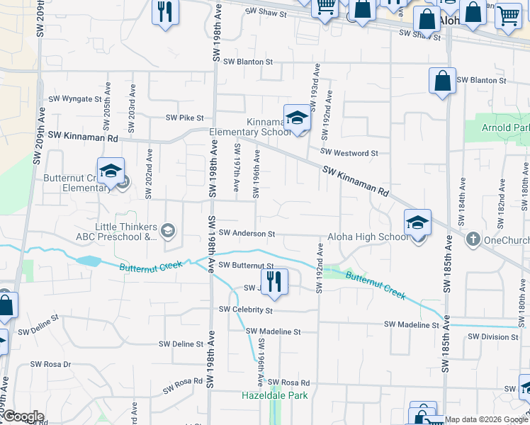 map of restaurants, bars, coffee shops, grocery stores, and more near 19575 Southwest Southview Street in Aloha