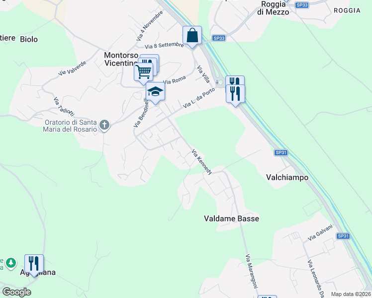 map of restaurants, bars, coffee shops, grocery stores, and more near 24 Via Kennedy in Montorso Vicentino