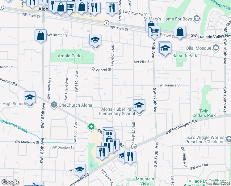 map of restaurants, bars, coffee shops, grocery stores, and more near 4650 Southwest 175th Avenue in Aloha