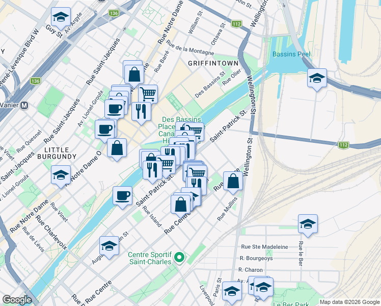 map of restaurants, bars, coffee shops, grocery stores, and more near 1649 Rue Saint-Patrick in Montréal