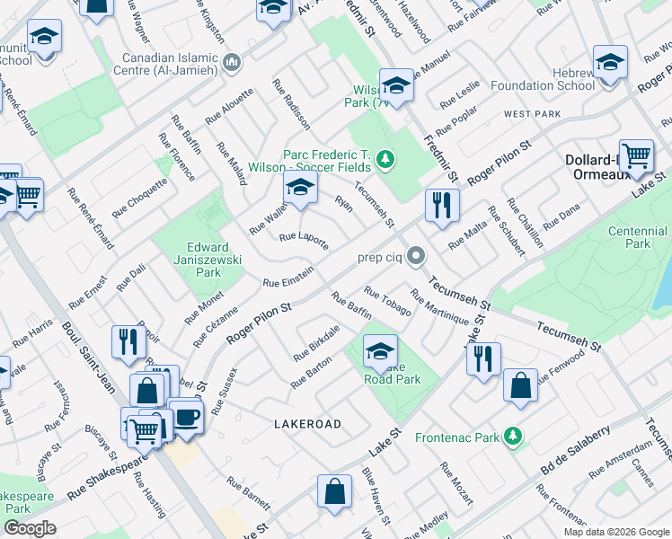 map of restaurants, bars, coffee shops, grocery stores, and more near 225 Rue Roger-Pilon in Dollard-des-Ormeaux