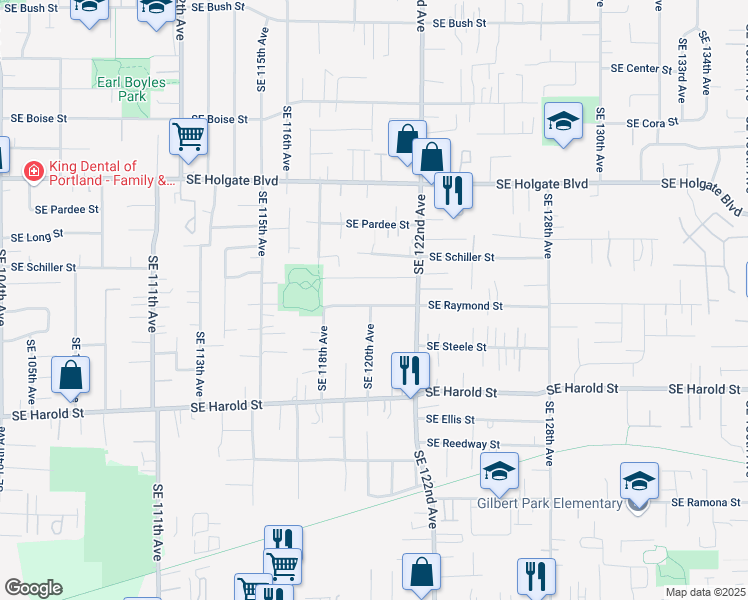 map of restaurants, bars, coffee shops, grocery stores, and more near 12005 Southeast Raymond Street in Portland