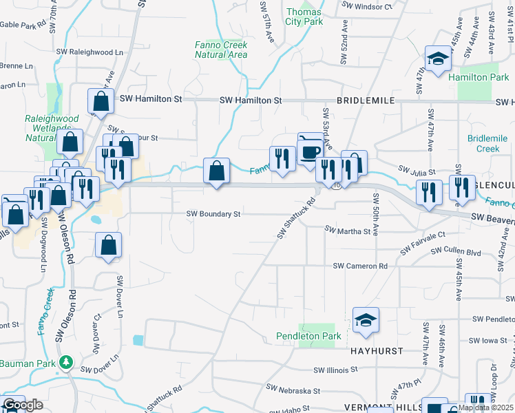 map of restaurants, bars, coffee shops, grocery stores, and more near 5711 Southwest Boundary Street in Portland