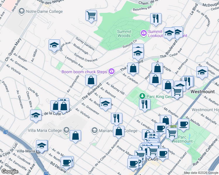 map of restaurants, bars, coffee shops, grocery stores, and more near 650 Avenue Murray Hill in Westmount