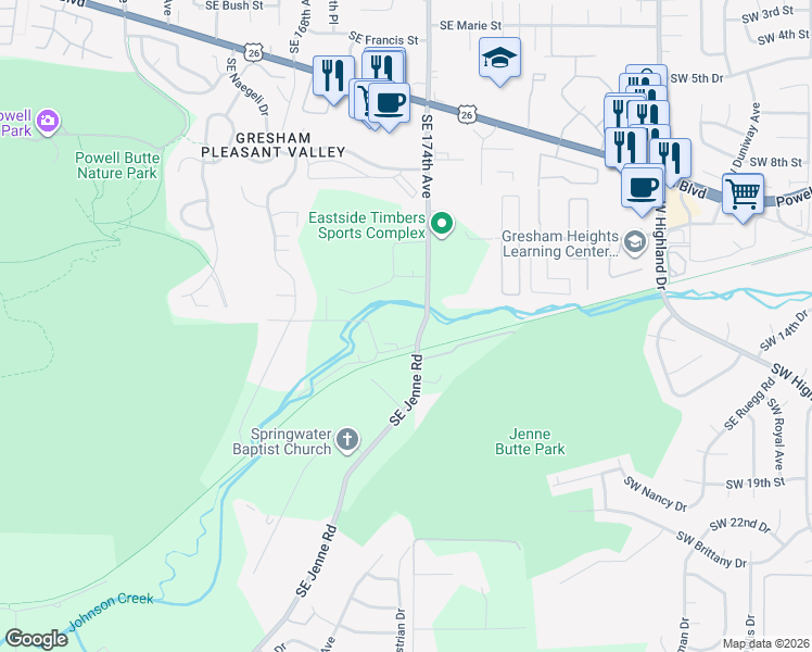 map of restaurants, bars, coffee shops, grocery stores, and more near 5009 Southeast Jenne Road in Portland