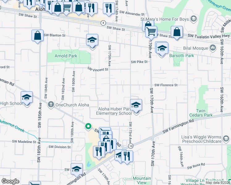 map of restaurants, bars, coffee shops, grocery stores, and more near 4650 Southwest 175th Avenue in Aloha