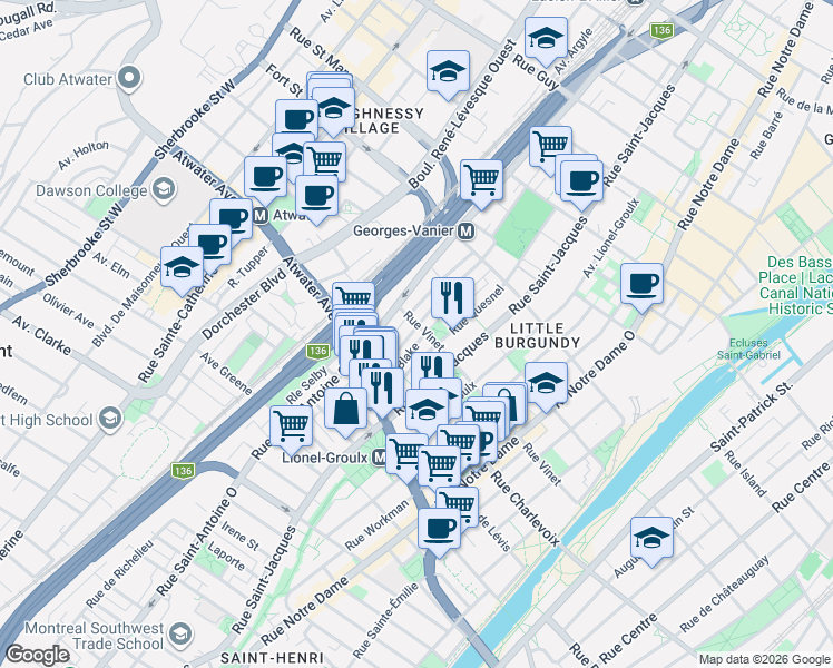 map of restaurants, bars, coffee shops, grocery stores, and more near 2450 Rue Coursol in Montréal