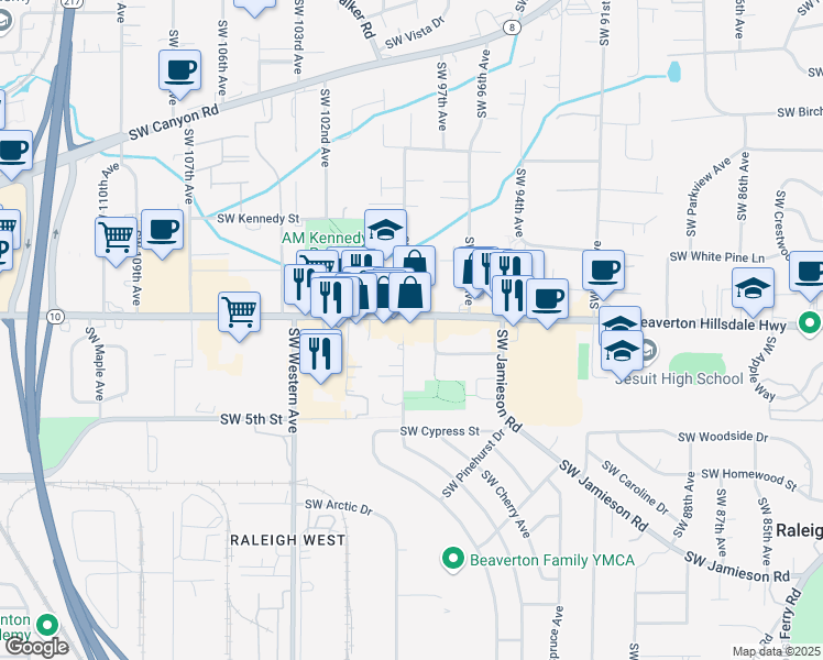 map of restaurants, bars, coffee shops, grocery stores, and more near 9880 Southwest Beaverton Hillsdale Highway in Beaverton