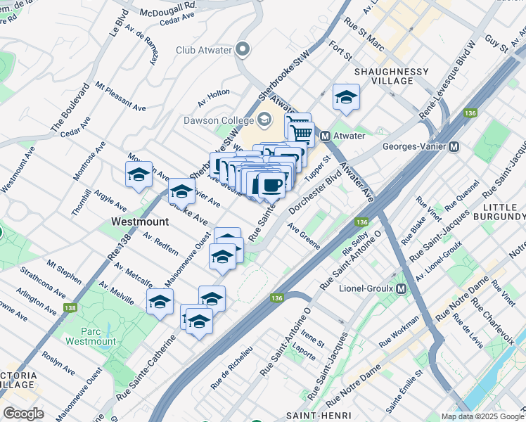 map of restaurants, bars, coffee shops, grocery stores, and more near in Westmount