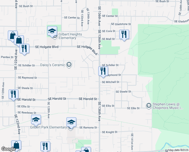 map of restaurants, bars, coffee shops, grocery stores, and more near 4963 Southeast 134th Drive in Portland