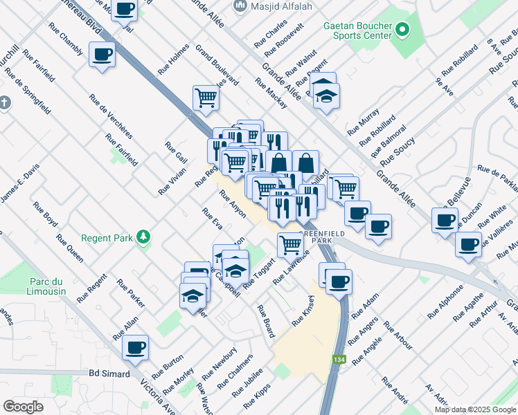 map of restaurants, bars, coffee shops, grocery stores, and more near 3850 Boulevard Taschereau in Longueuil