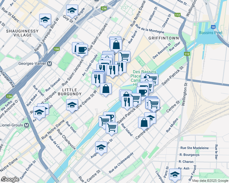 map of restaurants, bars, coffee shops, grocery stores, and more near 1910 Rue Basin in Montréal