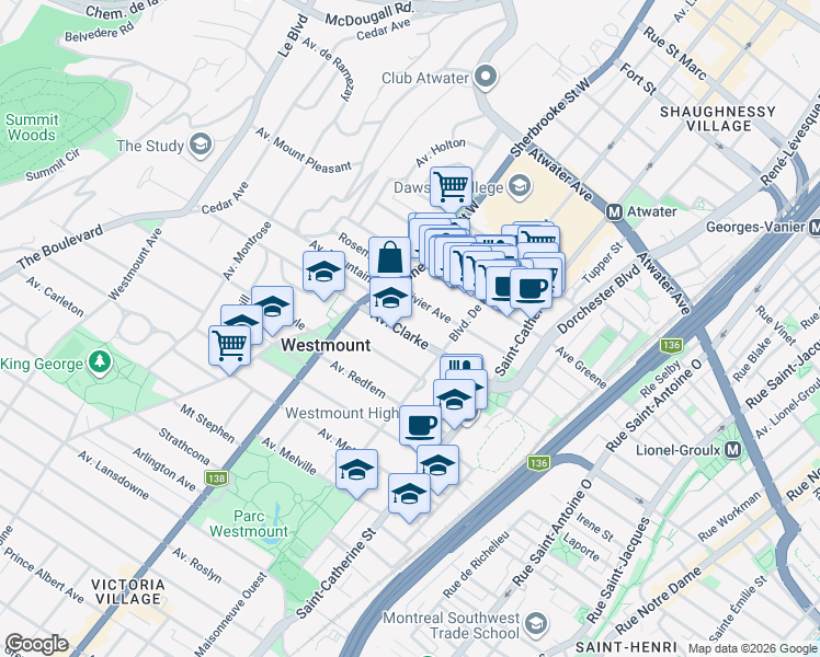 map of restaurants, bars, coffee shops, grocery stores, and more near 343 Avenue Clarke in Westmount