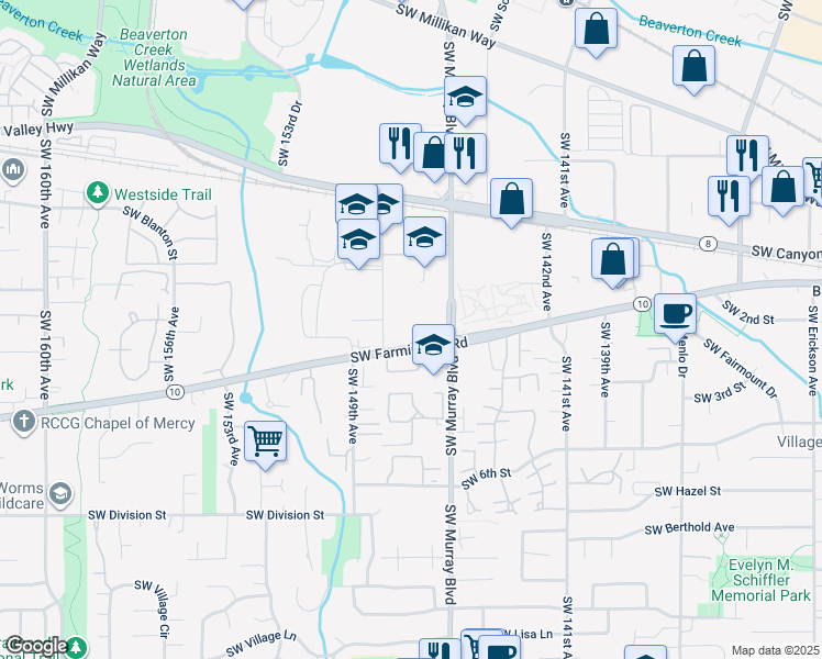 map of restaurants, bars, coffee shops, grocery stores, and more near 14645 Oregon 10 in Beaverton