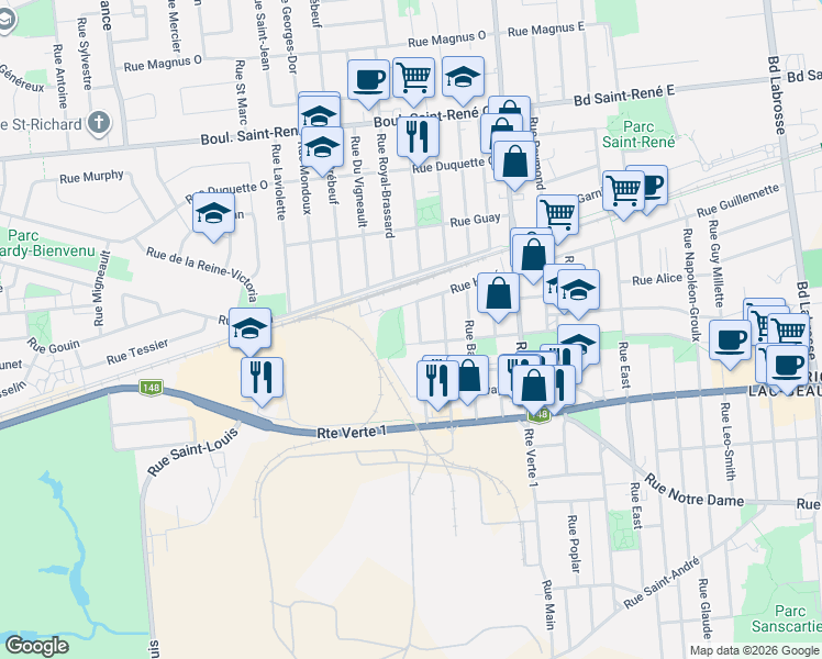 map of restaurants, bars, coffee shops, grocery stores, and more near 255 Rue Laurel in Gatineau