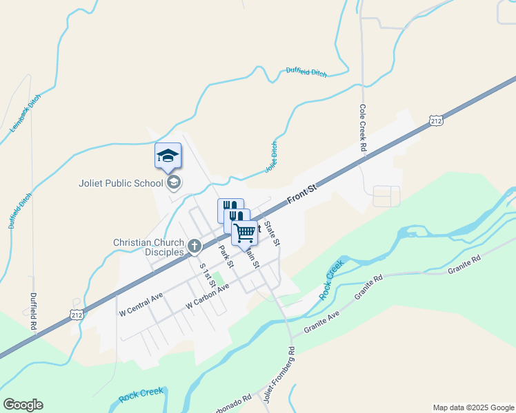 map of restaurants, bars, coffee shops, grocery stores, and more near East Railroad Street in Joliet