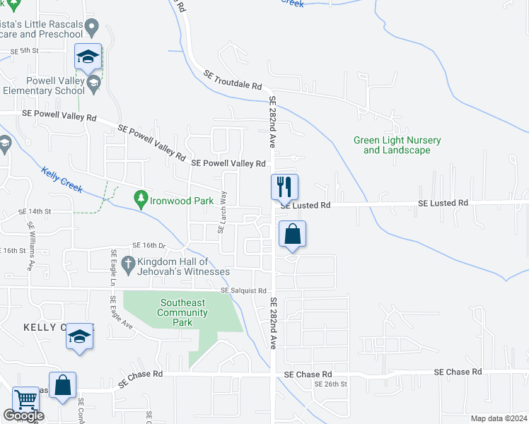 map of restaurants, bars, coffee shops, grocery stores, and more near 5980 Southeast Woodland Drive in Gresham