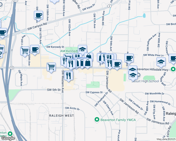 map of restaurants, bars, coffee shops, grocery stores, and more near 9880 Southwest Beaverton Hillsdale Highway in Beaverton