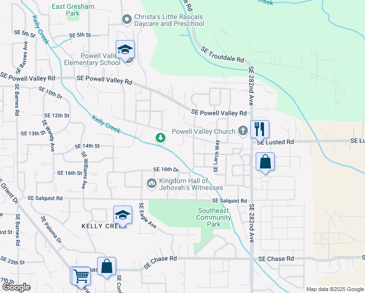 map of restaurants, bars, coffee shops, grocery stores, and more near 1455 Southeast Hickory Place in Gresham