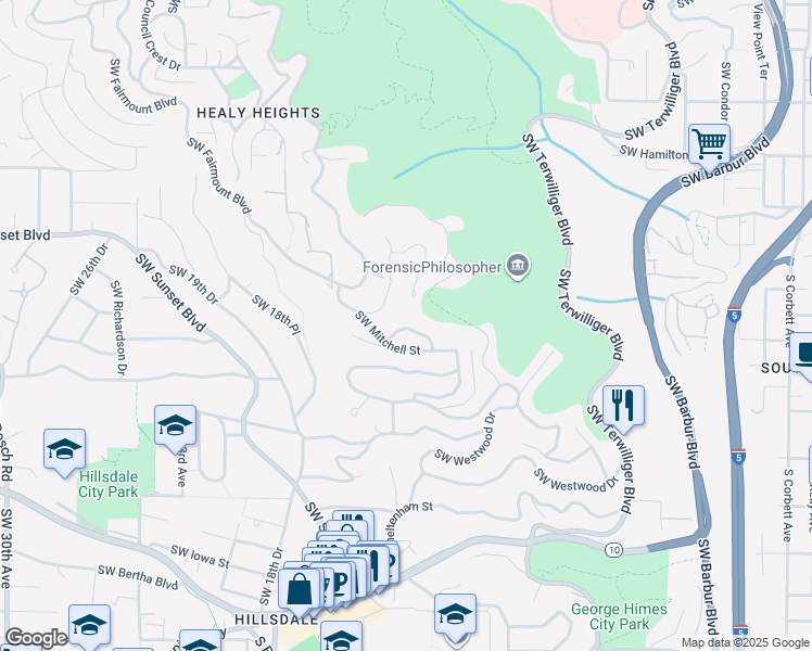 map of restaurants, bars, coffee shops, grocery stores, and more near 1165 Southwest Mitchell Lane in Portland