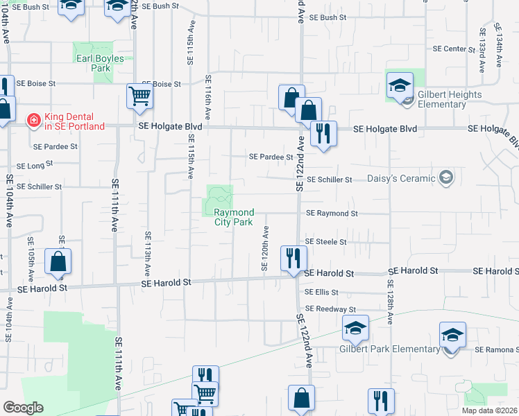 map of restaurants, bars, coffee shops, grocery stores, and more near 11843 Southeast Raymond Street in Portland