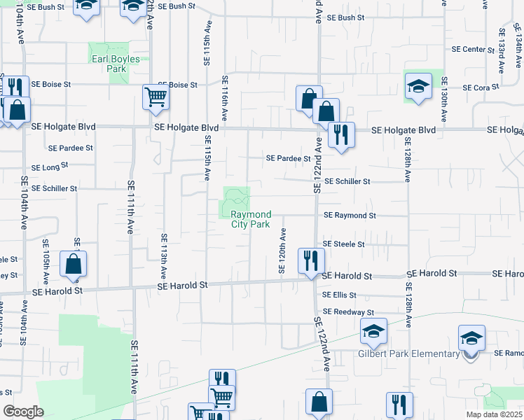 map of restaurants, bars, coffee shops, grocery stores, and more near 11843 Southeast Raymond Street in Portland