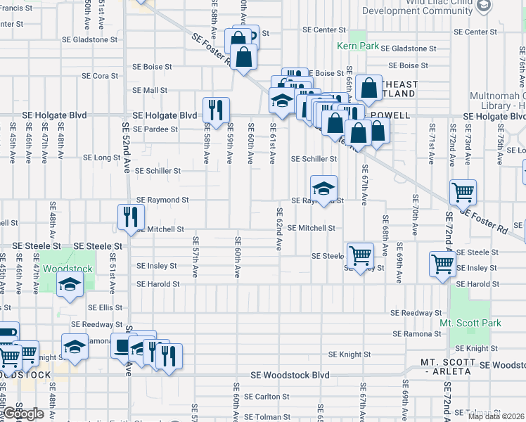 map of restaurants, bars, coffee shops, grocery stores, and more near 5040 Southeast 60th Avenue in Portland