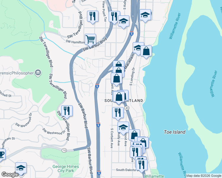 map of restaurants, bars, coffee shops, grocery stores, and more near 5124 South View Point Terrace in Portland