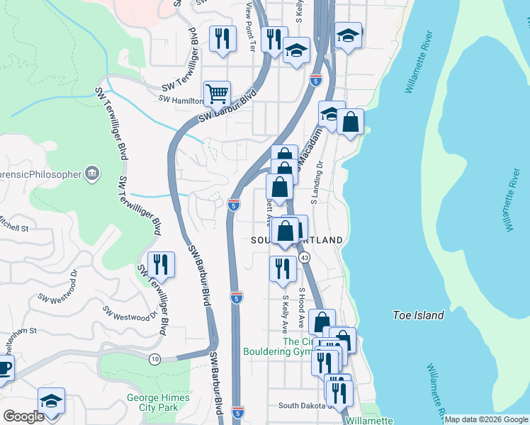 map of restaurants, bars, coffee shops, grocery stores, and more near 5124 South View Point Terrace in Portland