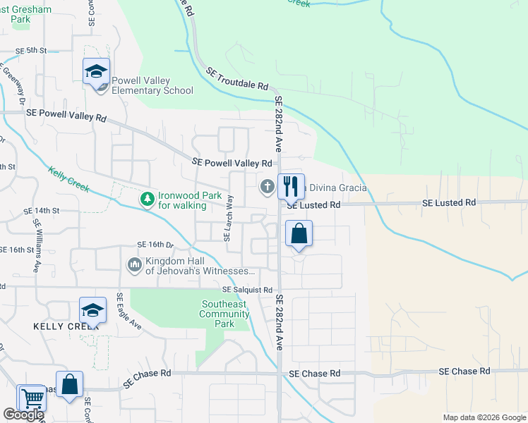 map of restaurants, bars, coffee shops, grocery stores, and more near 5862 Southeast Woodland Drive in Gresham