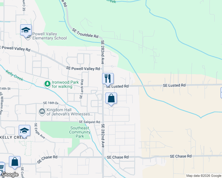 map of restaurants, bars, coffee shops, grocery stores, and more near 6110 Southeast Lusted Road in Gresham