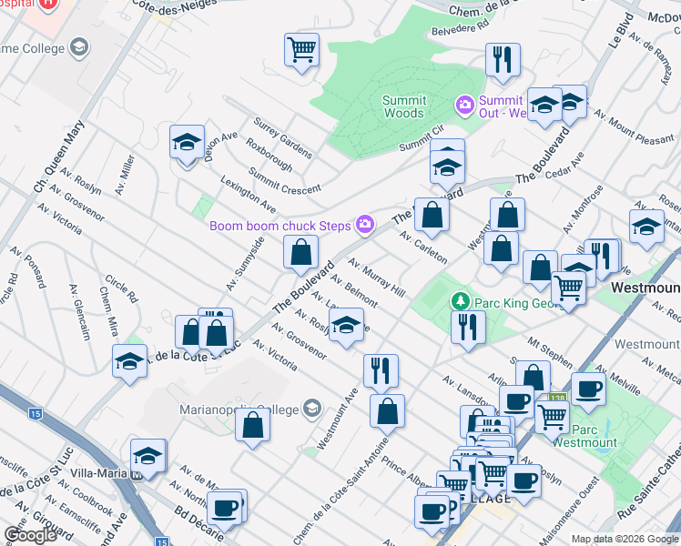 map of restaurants, bars, coffee shops, grocery stores, and more near 665 Avenue Belmont in Westmount