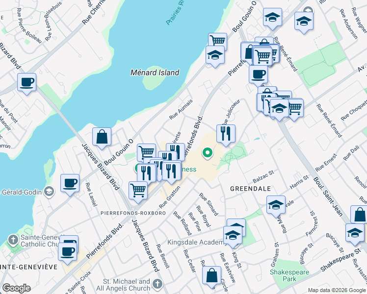 map of restaurants, bars, coffee shops, grocery stores, and more near 14665 Pierrefonds Boulevard in Montreal