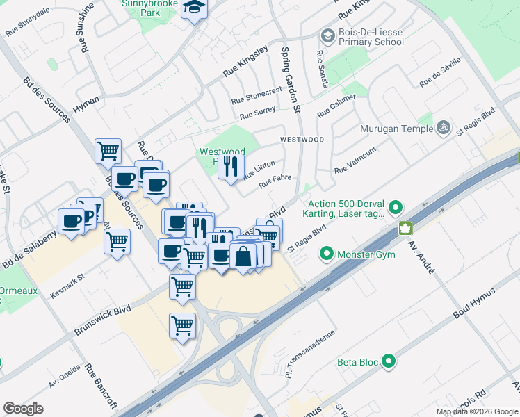 map of restaurants, bars, coffee shops, grocery stores, and more near 37 Brunswick Boulevard in Dollard-Des Ormeaux