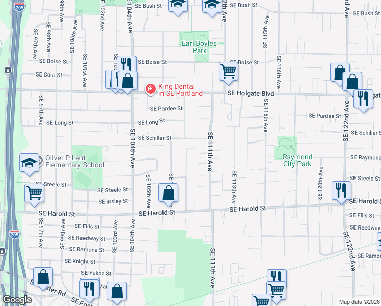 map of restaurants, bars, coffee shops, grocery stores, and more near 4939 Southeast 109th Avenue in Portland