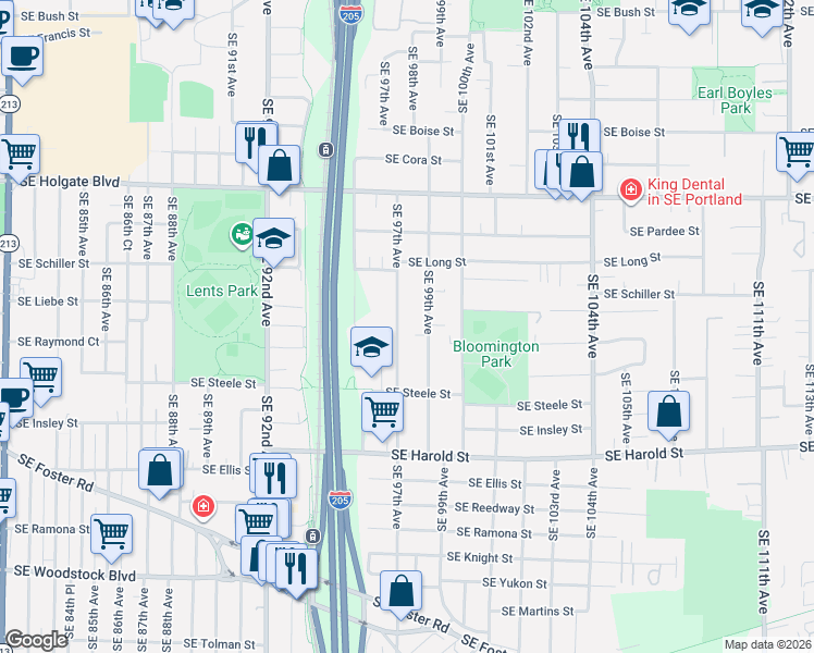 map of restaurants, bars, coffee shops, grocery stores, and more near 5002 Southeast 97th Avenue in Portland