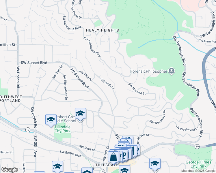 map of restaurants, bars, coffee shops, grocery stores, and more near 5202 Southwest 19th Drive in Portland