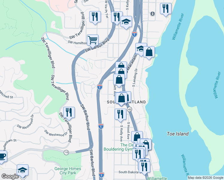 map of restaurants, bars, coffee shops, grocery stores, and more near 5123 South Corbett Avenue in Portland