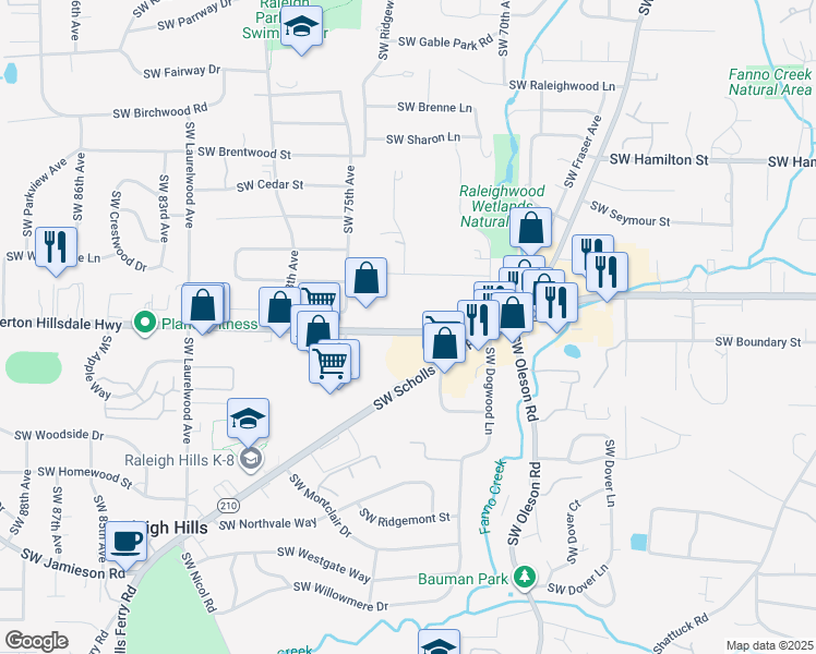 map of restaurants, bars, coffee shops, grocery stores, and more near 7303 Oregon 10 in Portland