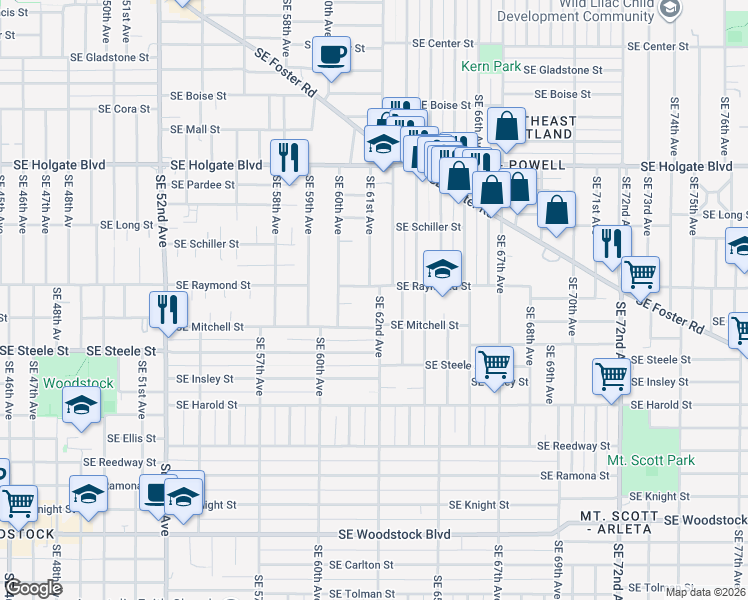 map of restaurants, bars, coffee shops, grocery stores, and more near 5023 Southeast 62nd Avenue in Portland