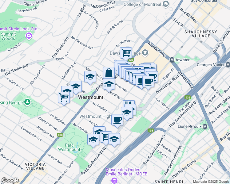 map of restaurants, bars, coffee shops, grocery stores, and more near 343 Avenue Clarke in Westmount