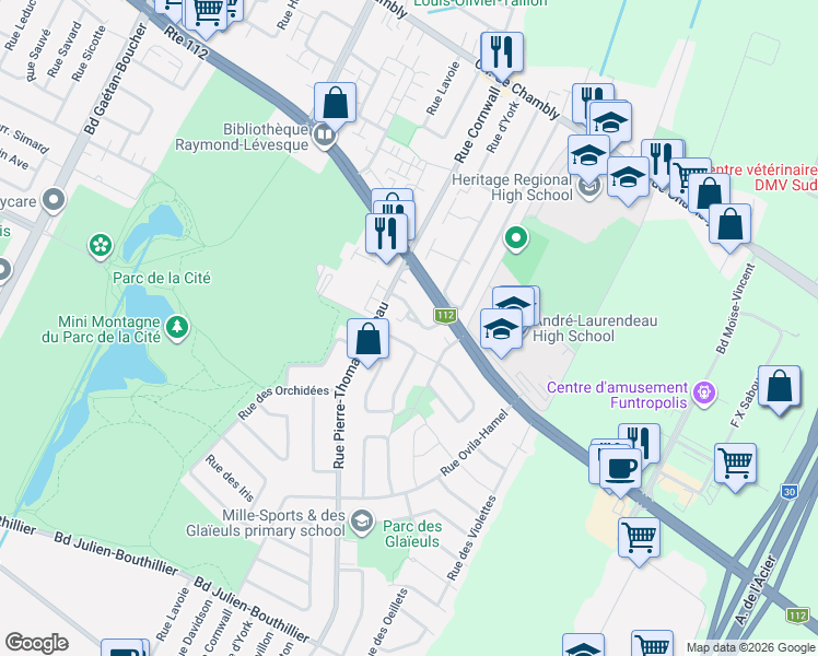map of restaurants, bars, coffee shops, grocery stores, and more near 3065 Rue Arthur-Houle in Longueuil