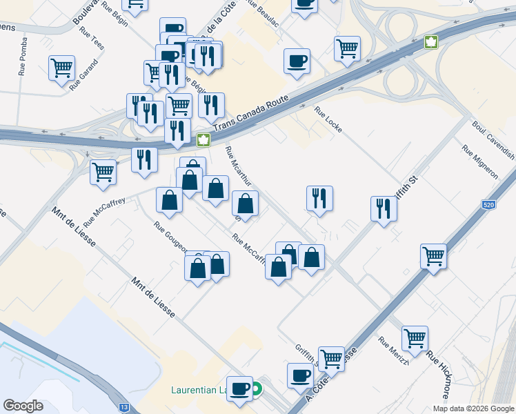 map of restaurants, bars, coffee shops, grocery stores, and more near 4150 Rue Seré in Montréal