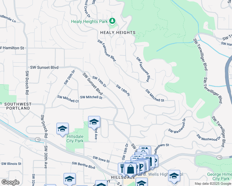 map of restaurants, bars, coffee shops, grocery stores, and more near 5100 Southwest 19th Drive in Portland
