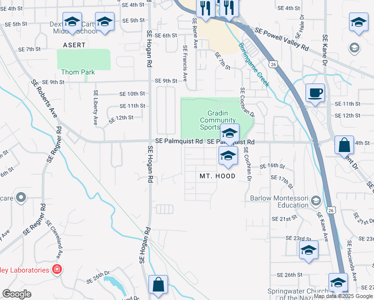 map of restaurants, bars, coffee shops, grocery stores, and more near 2114 Southeast 14th Alley in Gresham