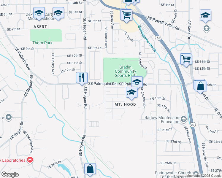 map of restaurants, bars, coffee shops, grocery stores, and more near 2114 Southeast 14th Alley in Gresham