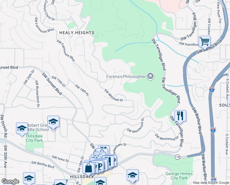 map of restaurants, bars, coffee shops, grocery stores, and more near 1313 Southwest Mitchell Lane in Portland