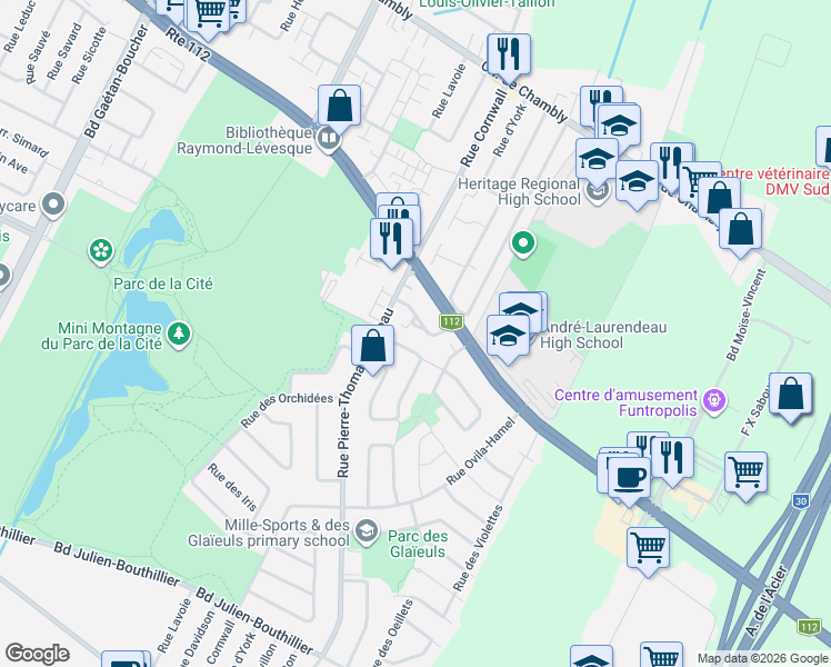map of restaurants, bars, coffee shops, grocery stores, and more near 3065 Rue Arthur-Houle in Longueuil