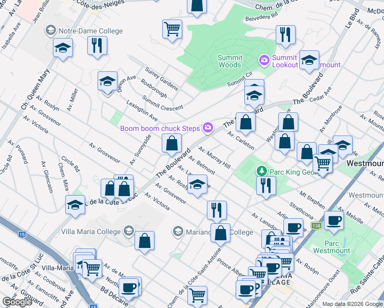 map of restaurants, bars, coffee shops, grocery stores, and more near 667 Avenue Belmont in Westmount