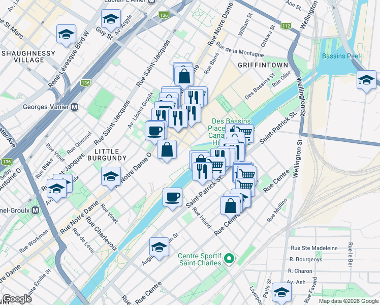 map of restaurants, bars, coffee shops, grocery stores, and more near 50 Rue des Seigneurs in Montréal